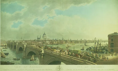 Veduta di Londra presa da Albion Place, Blackfriars Bridge, incisa da Joseph Constantine Stadler, pub. 1802